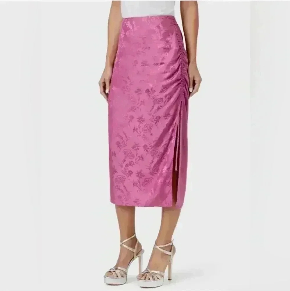PAIGE Jenette Rouched Floral Silk Midi Skirt Womens Medium Dusty Plum NEW - Picture 8 of 9